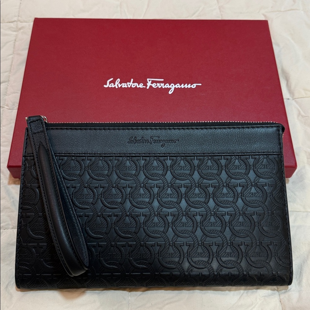 Salvatore Ferragamo Black Embossed Clutch-NEW